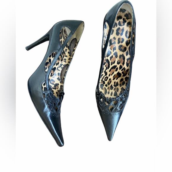 Dolce and Gabbana Vintage black leather Stilleto Pumps leopard print Y2K‎ Retro - Picture 1 of 16